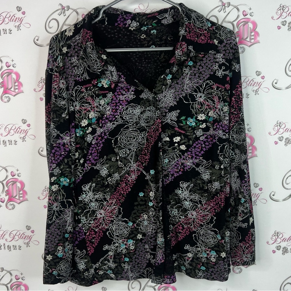 Blouse top flowers multicolor bright Floral Black and Purple Women's Top